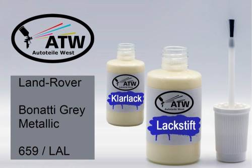 Land-Rover, Bonatti Grey Metallic, 659 / LAL: 20ml Lackstift + 20ml Klarlack - Set, von ATW Autoteile West.